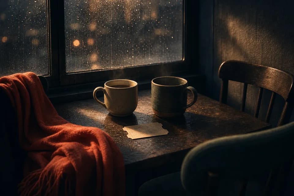 Two coffee cups and a train ticket beside a rain-covered window