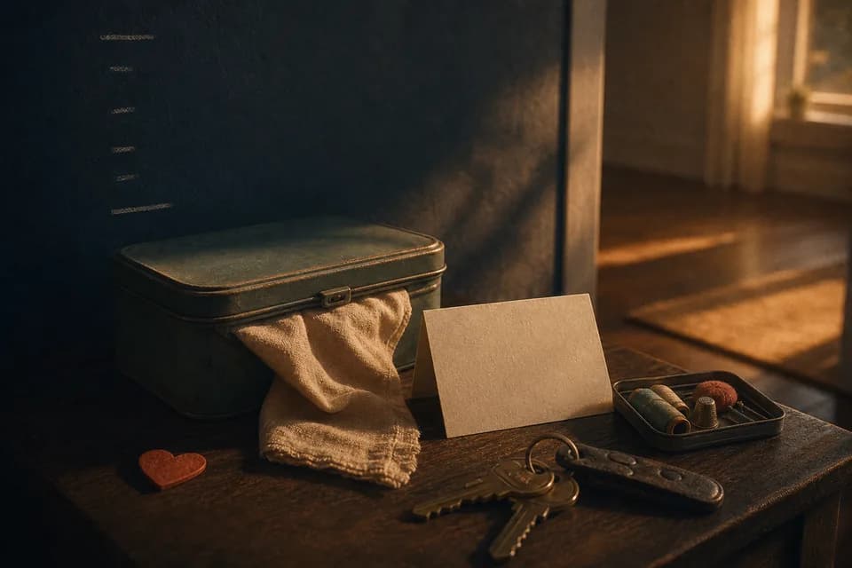 A lunch tin, blank note card, house keys, and sewing kit in warm hallway light