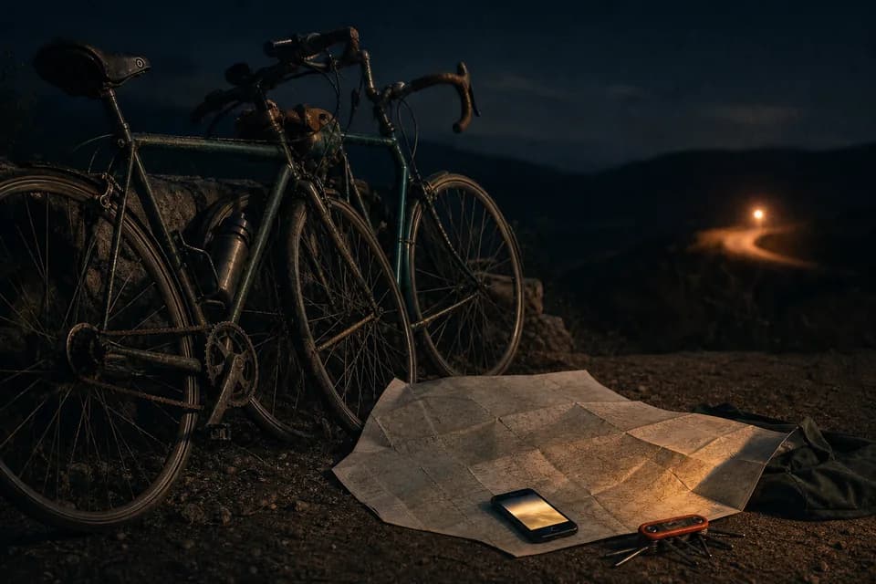 Two weathered bicycles beside a road map and a glowing phone at night
