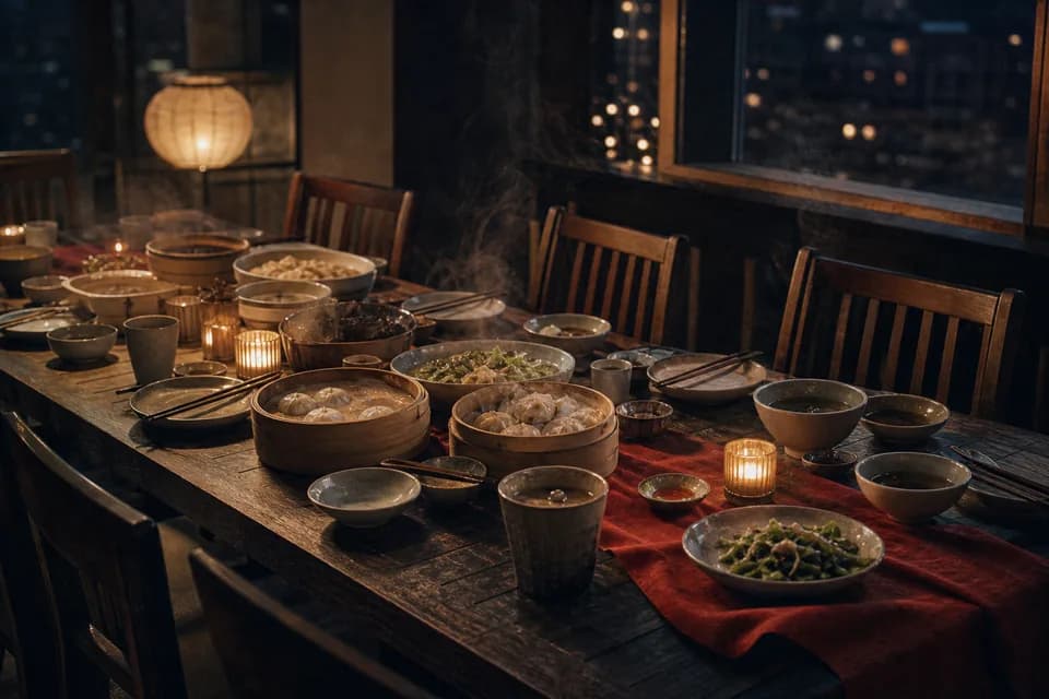 A long family table filled with dumplings and warm dishes on a winter night