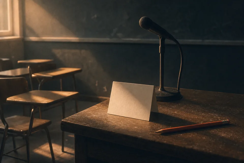 A classroom microphone, blank note card, and coral pencil on a teacher's desk