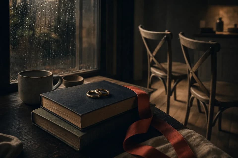 Two wedding rings on library books beside a rainy window and two empty chairs